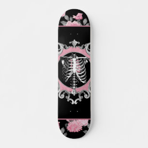 Skateboard Amour gothique   Squelette rose et noir Coeur flor