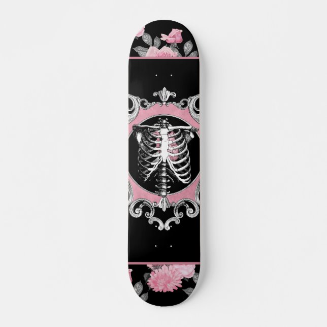 Skateboard Amour gothique | Squelette rose et noir Coeur flor (Devant)