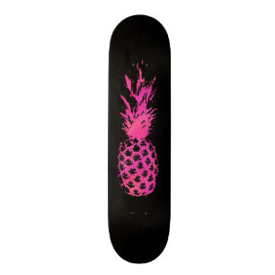 Skateboard Ananas rose et noir au néon artistique d'aquarell