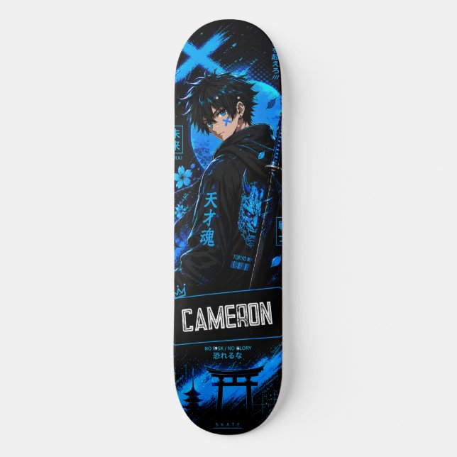 Skateboard Anime Personnalisé Samouraï Cyan Noir (Recto)