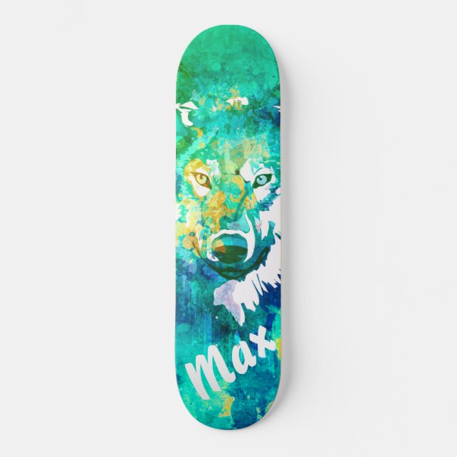 Skateboard Aqua turquoise vert blanc aquarelle loup skateboar (Recto)