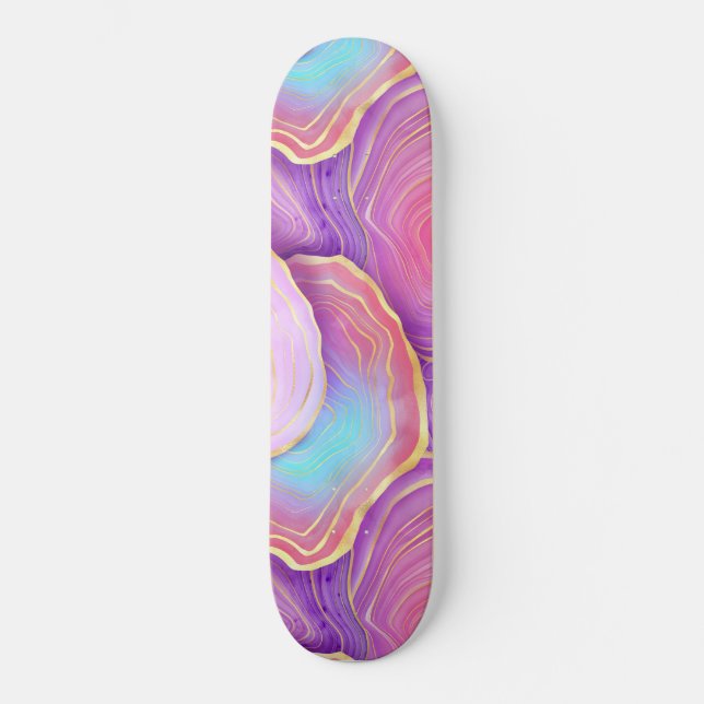 Skateboard Aquarelle Abstraite rose turquoise lavande agate (Recto)