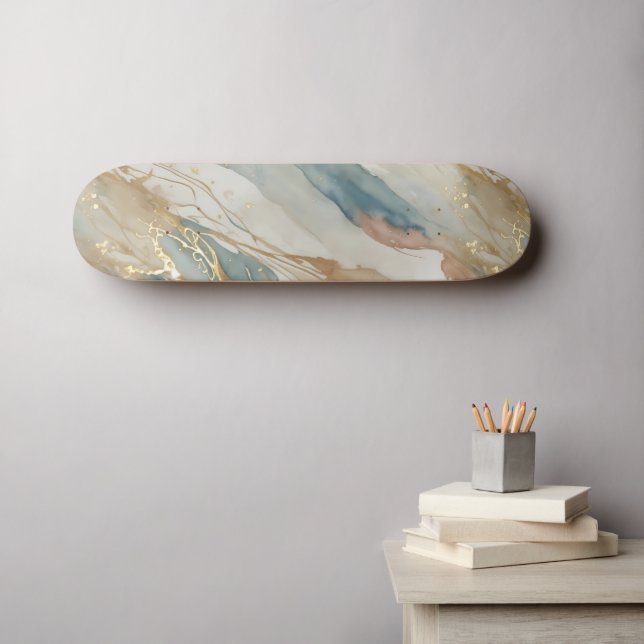 Skateboard Aquarelle beige et bleu Marbre Abstrait (Art mural (Horz))