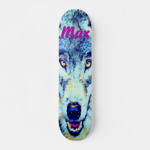 Skateboard Aquarelle blanche bleue Loup hivernal neige