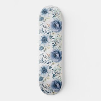 Skateboard Aquarelle bleu foncé Fleurs Argent Élégant