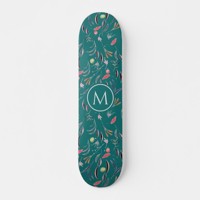 Skateboard Aquarelle bleu Turquoise élégant MONOGRAM (Devant)