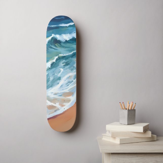 Skateboard Aquarelle Blue Ocean Waves (Art mural)