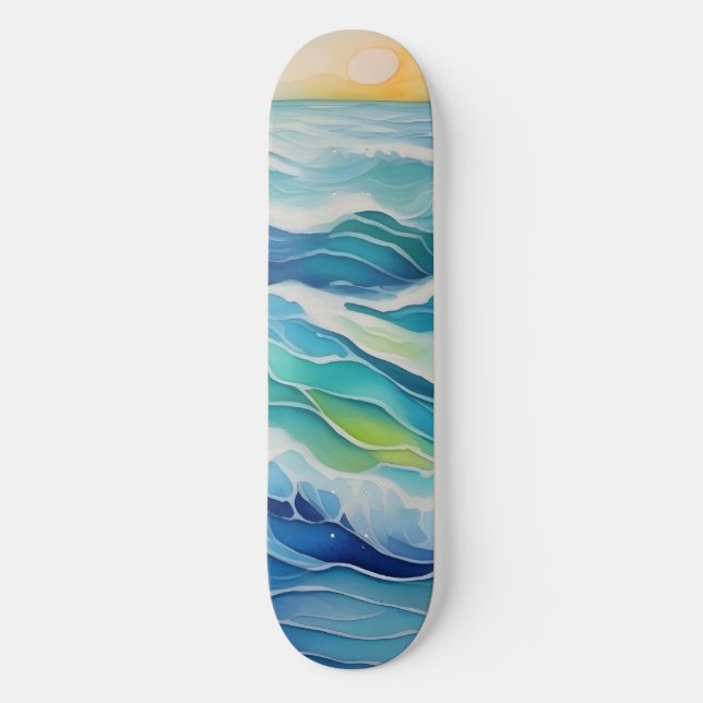 Skateboard Aquarelle des vagues sous le soleil (Recto)