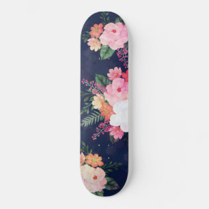 Skateboard Aquarelle rose Fleurs Design bleu