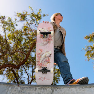 Skateboard Aquarelle rose or Koi poisson floral personnalisé
