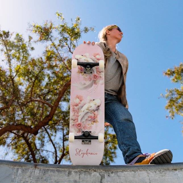 Skateboard Aquarelle rose or Koi poisson floral personnalisé (Extérieur 1)