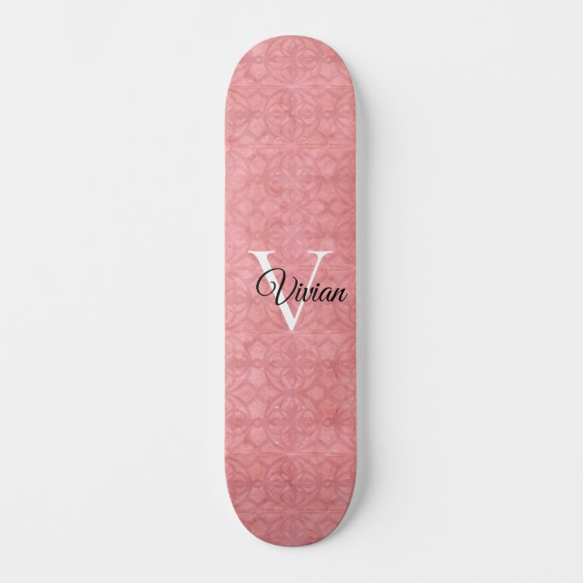 Skateboard Aquarelle rose roude Nom du monogramme (Recto)