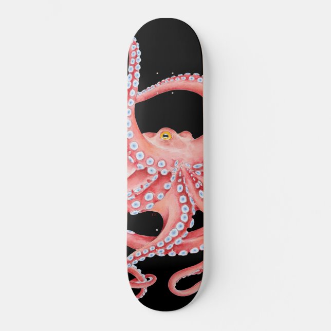 Skateboard Aquarelle rouge octopique en noir (Recto)