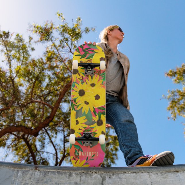 Skateboard Aquarelle Tournesol motif floral rose + nom (Extérieur 1)