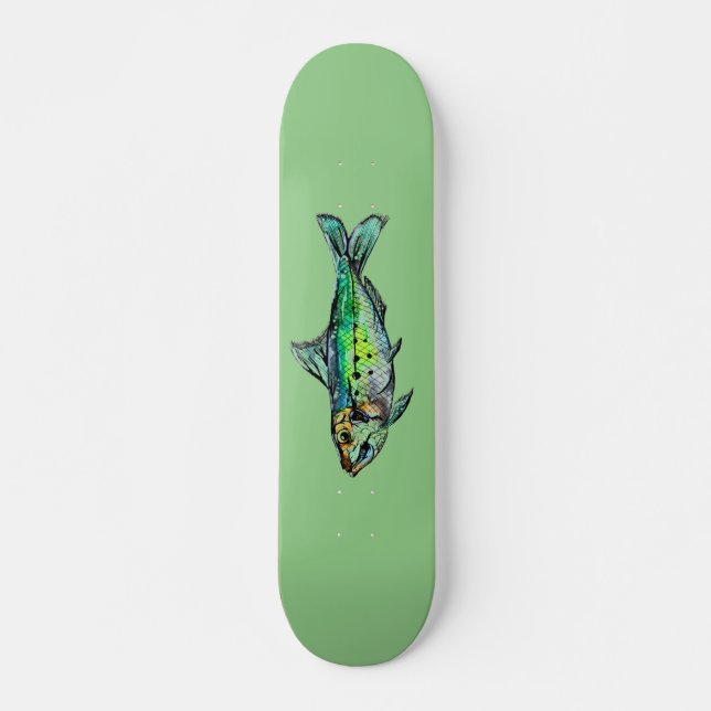 Skateboard Aquarelle verte de sardine (Devant)