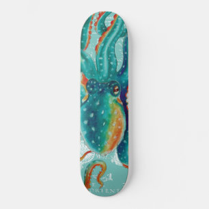 Skateboard Aquarelle vintage turquoise de carte de poulpe