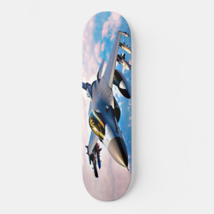 Skateboard Art of F-16  flying above the clouds