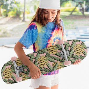 Skateboard Bananes et Feuilles roses tropicaux jaunes