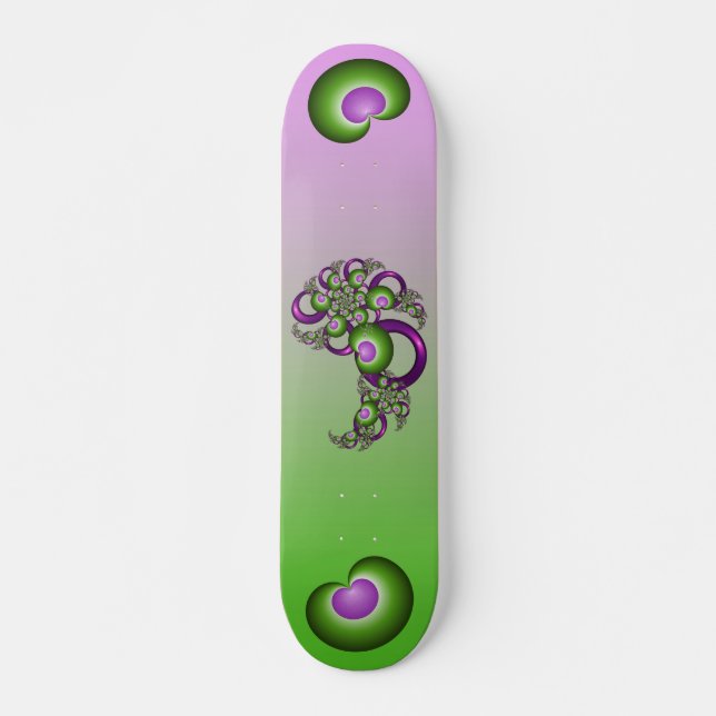 Skateboard Beau Coeurs verts roses Moderne Abstrait Fractal (Devant)