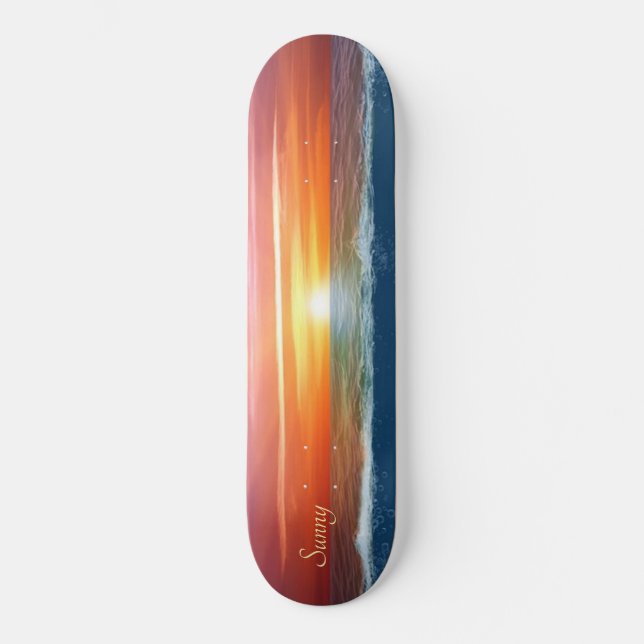 Skateboard Beau lever de soleil océanique et calligraphie (Recto)