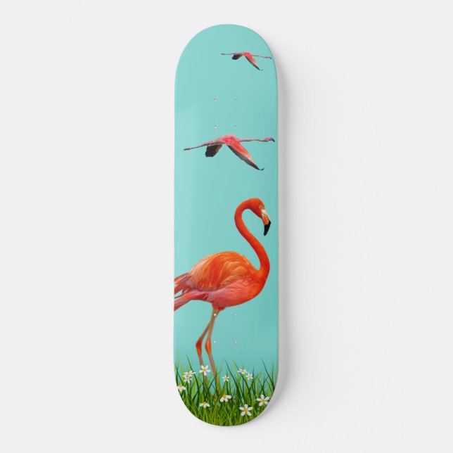 Skateboard Beaux Flamants roses sur bleu turquoise clair (Recto)