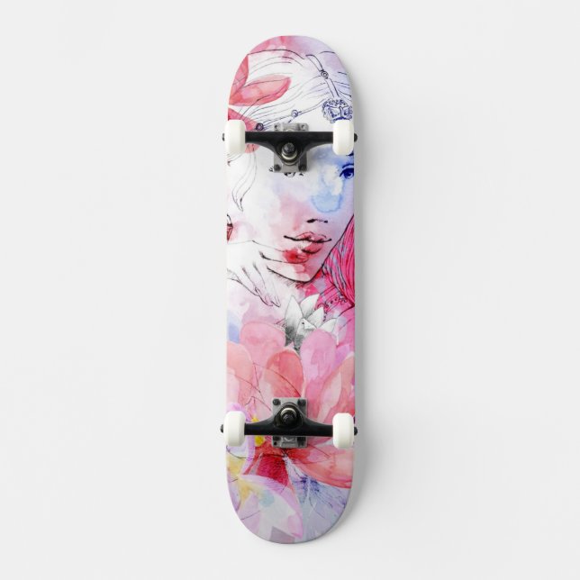 Skateboard Belle fille avec un bouquet des fleurs (Recto)