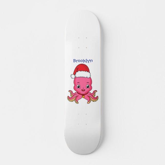 Skateboard Belle pieuvre joyeuse en casquette de Noël (Devant)