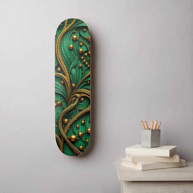 Skateboard Belle Vert & Or Floral et perles Abstrait (Art mural)