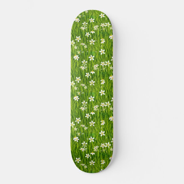 Skateboard Belles fleurs blanches et Feuilles verts (Recto)