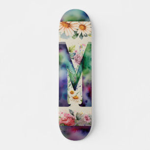 Skateboard Bijoux Monogramme M Aquarelle colorée Floral