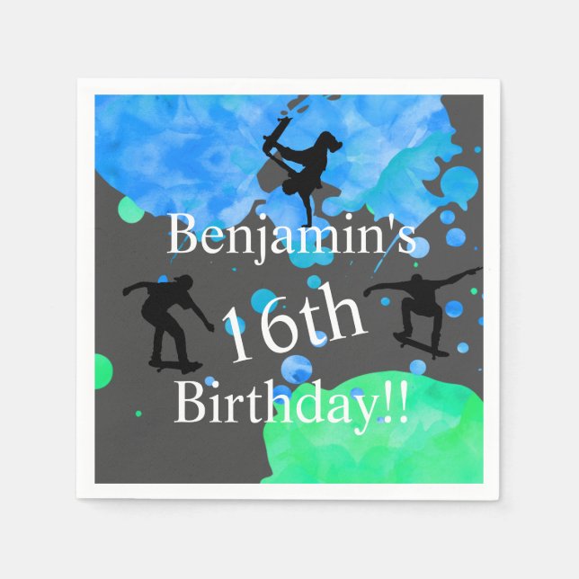 Skateboard Birthday, 16th Birthday Napkin (Front)