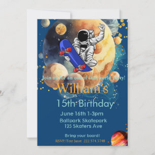 Skateboard Birthday, Astronaut Birthday, Space  Invitation
