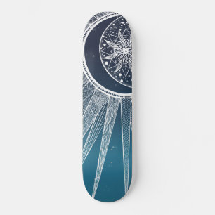 Skateboard Blanc Sun Moon Mandala Blue Gradient Design