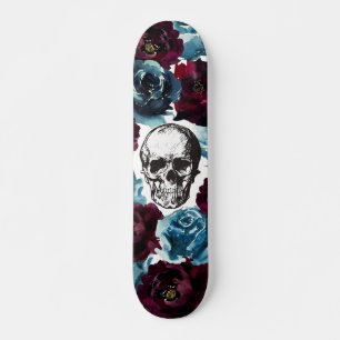 Skateboard Bleu Bourgogne Fleurs crâne GIrly Edgy