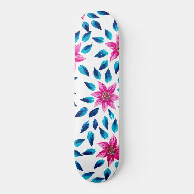 Skateboard Bleu rose clair Fleurs Feuilles Peinture acrylique (Recto)