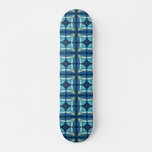 Skateboard bleu turquoise aquamarine jaune design géométrique (Devant)
