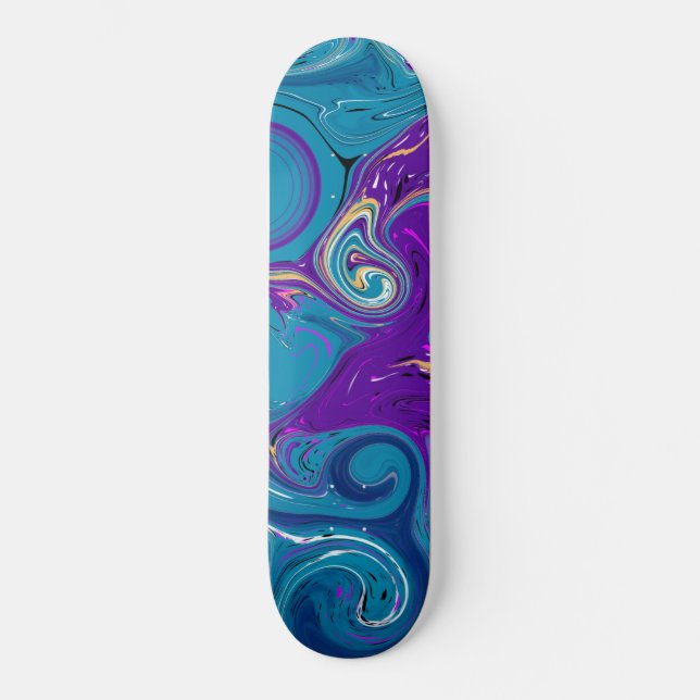 Skateboard Bleu, Turquoise, Tourbillons violets Plat d'art (Recto)