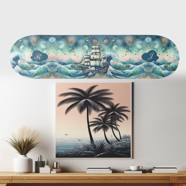 Skateboard Blue Ocean Storm Initiales bateau Monogramme Whims (Blue Ocean Storm Ship Initials Monogram Whimsical Skateboard)