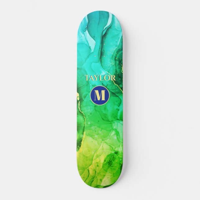Skateboard Blue Teal Yellow Green Liquid Ink, Monogram & Nom (Recto)