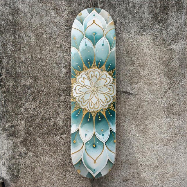 Skateboard Blue Turquoise Gold Floral Mandala (Créateur téléchargé)