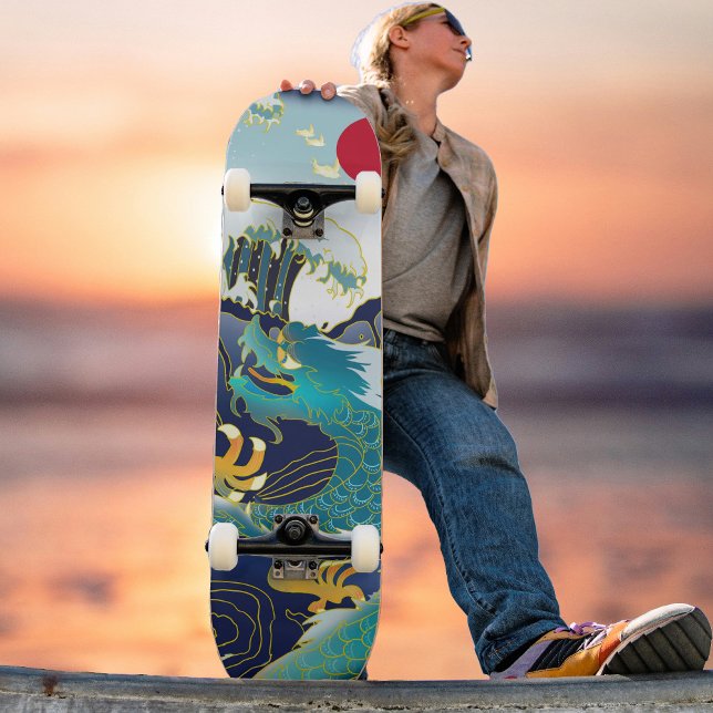 Skateboard Blue Waves Green Dragon Red Sun Skate (Créateur téléchargé)