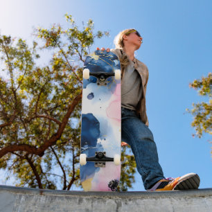 Skateboard Blush Rose Gold Bleu Marine Floral Aquarelle