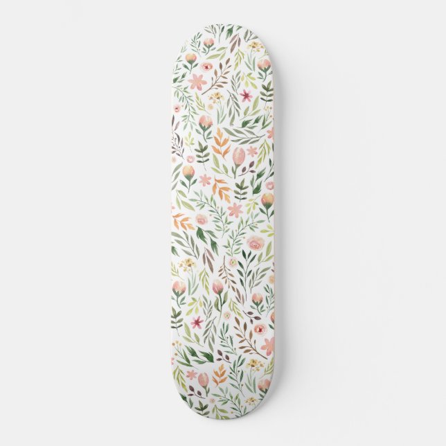 Skateboard Bohème Feuilles et fleurs d'aquarelle (Recto)