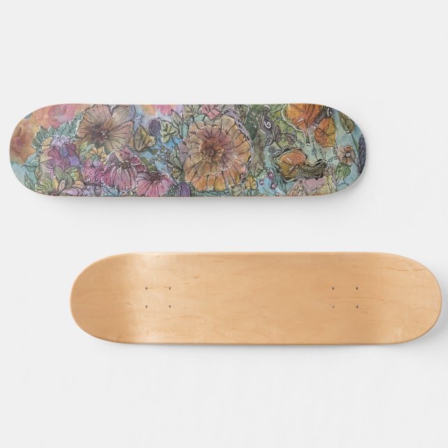 Skateboard Boho Chic Flower Garden aquarelle peinture (Horz)