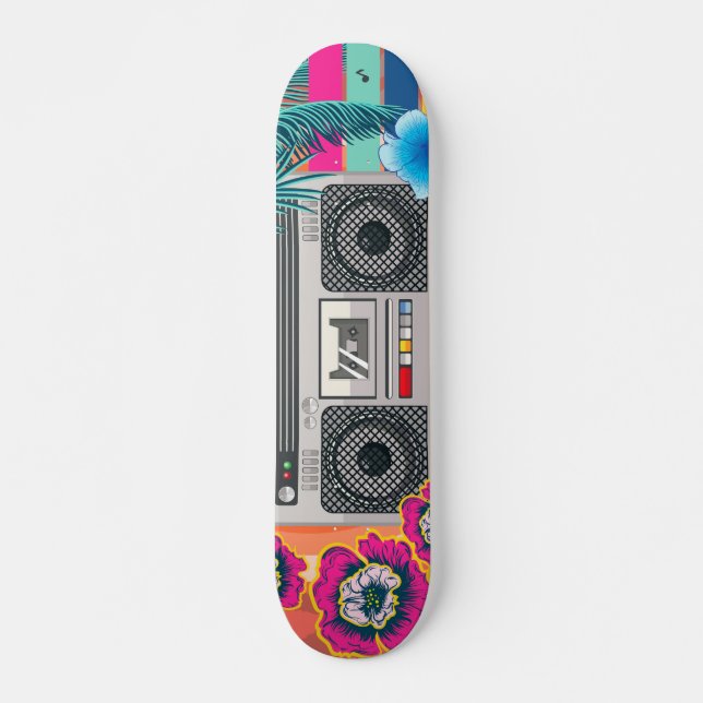 Skateboard Boombox avec feuilles tropicaux et fleurs (Devant)