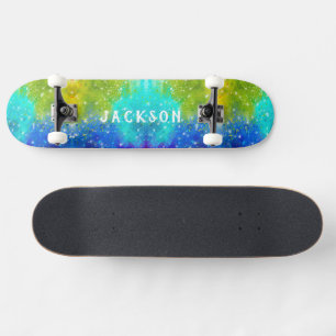 Skateboard Bouffées de bleu jaune turquoise vert - Étoiles