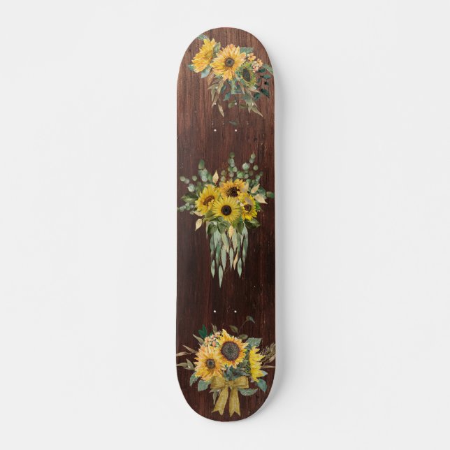 Skateboard Bouquet de fleurs de tournesol à l'aspect bois (Devant)