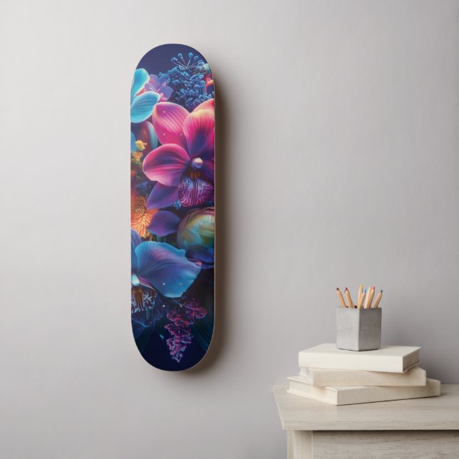 Skateboard Bouquet floral vif aux fleurs de néon (Art mural)