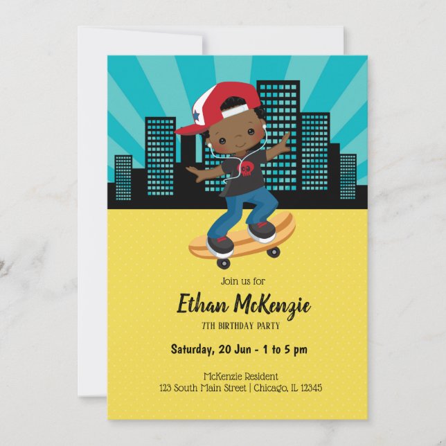 Skateboard boy - choose your background colour invitation (Front)