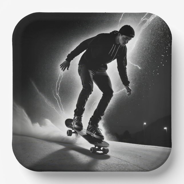 Skateboard Boy With Lightning Paper Plate (Front)